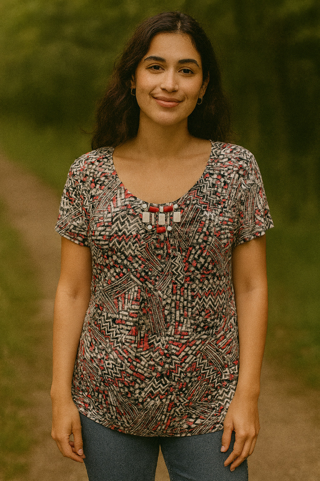 Ruby Red Women's Geometric Sheer Print Top w/ Jew… - image 1