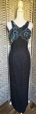 Laurence Kazar Vintage Dress Sz L 100 Silk Black Beaded Evening Gown Back Slit