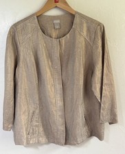 Chicos Modern Gold Foil Shimmer Casual Linen 3/4 Sleeve Jacket Sz 2 US 12/14 