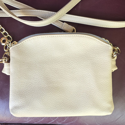 Ivory Pebbled Crossbody Bag w/ Strap, Gold Hardware, Zip, Striped Lined