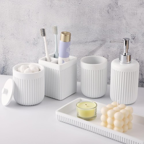 Resin White Bathroom Accessories Set 5 Pcs, Lotion Soap Dispenser, Toothbrush...