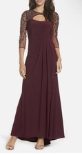 NWT $258 Xscape Burgundy Red Embellished Mesh Illusion Gown Dress US 4 Cocktail