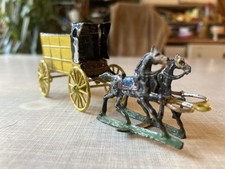 Zinnfigur (alt) - Pferdegespann mit Postkutsche - Wagen vollplastisch - Zinn