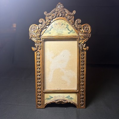 Vintage Antiqued Flower Painted Ornate Picture Frame Hollywood Regency Rococo