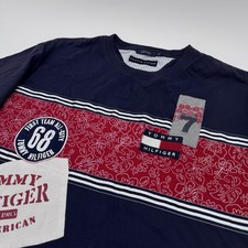 VTG Tommy Hilfiger Shirt XLarge Red White Blue Spell Out Flag Logo Patch Y2K