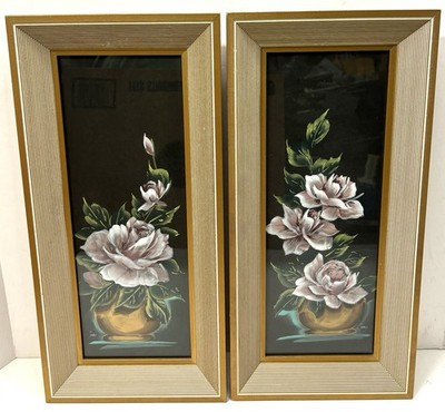 Vintage 1960s G. Inez Original Signed Framed Watercolor Flower Paintings Pair