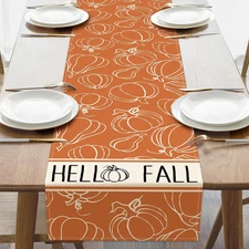 Hello Fall Pumpkin Orange Dining Table Runner, Autumn Burlap Kitchen Decoration,