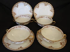 Set of 4 Haviland CREAM SOUP CUPS & SAUCERS 2 Handles GOLD Schleiger #95 A