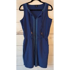 Talbots Navy Blue Embroidered Cotton Gauze Sleeveless Dress Tassel Ties Small