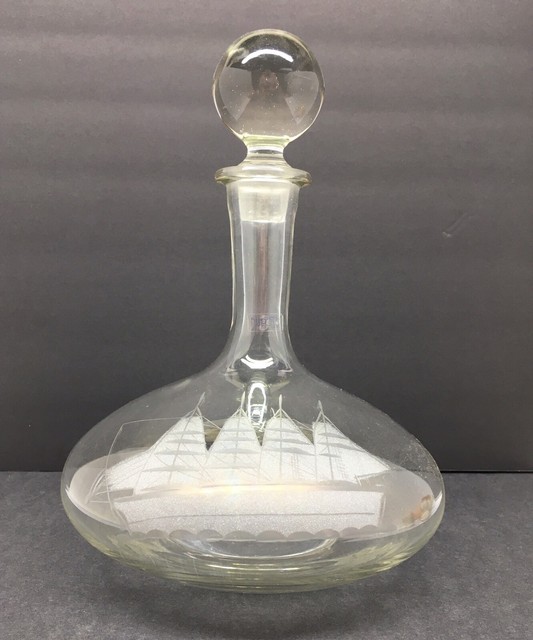 Vintage MCM Clear Glass Decanter Etched Ship with Glass Ball Stopper eBay