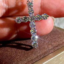 2Ct Round Cut Real Moissanite 14k White Gold Plated Cross Shape Women's Pendant