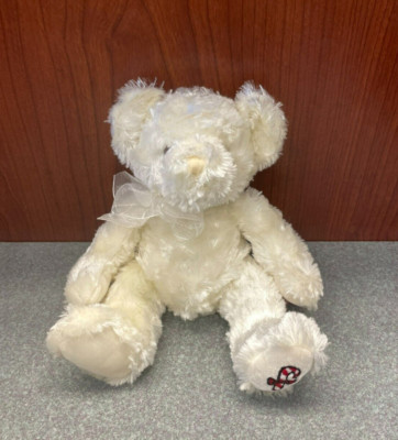 Russ Berrie Candie White Teddy Bear 8 Inch Beanbag Plush Candy Cane Embroidered