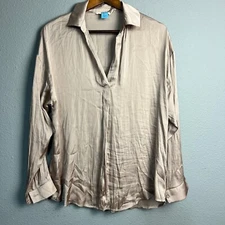 Lush Popover Satin Champagne Blouse Long SL Collared V-Neck Top Relaxed Fit Sz M