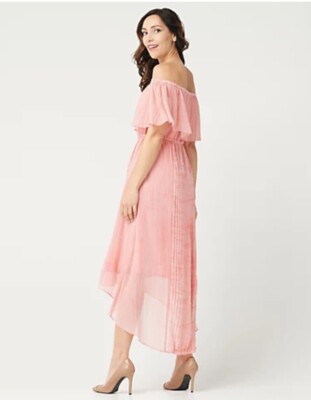H by Halston Regular Convertible Pleated Hi-Low Hem Maxi Dress Peach Pink  Reg 14 | eBay