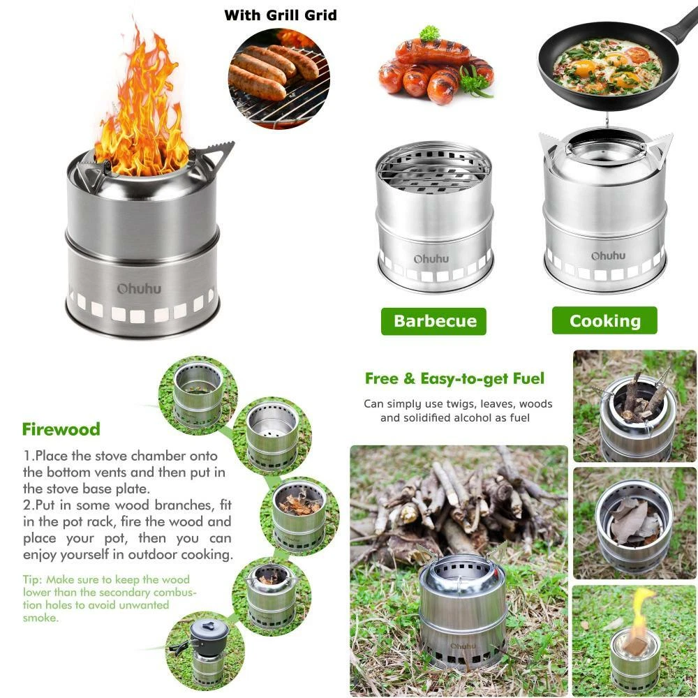 Ohuhu Camping Stove Stainless Steel Backpacking Potable Wood Burning... |  eBay
