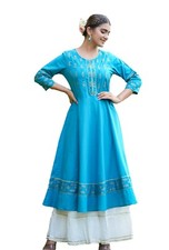 YASH GALLERY Women's Cotton Floral Printed Anarkali Teal Kurta