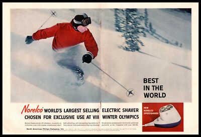 1960 Winter Olympics Norelco Electric Speedshaver Skier 2-Page Vintage Print Ad