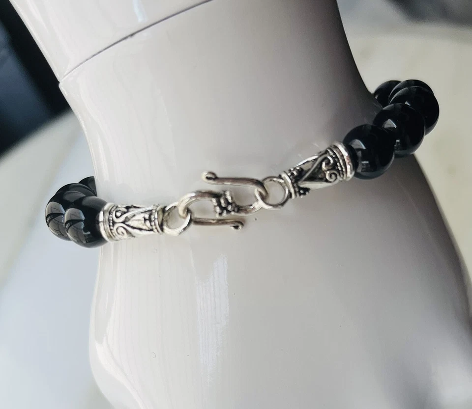 Black Polished Agate Natural Stone (8mm)   Tibetan Silver Bracelet - Image 3 of 4