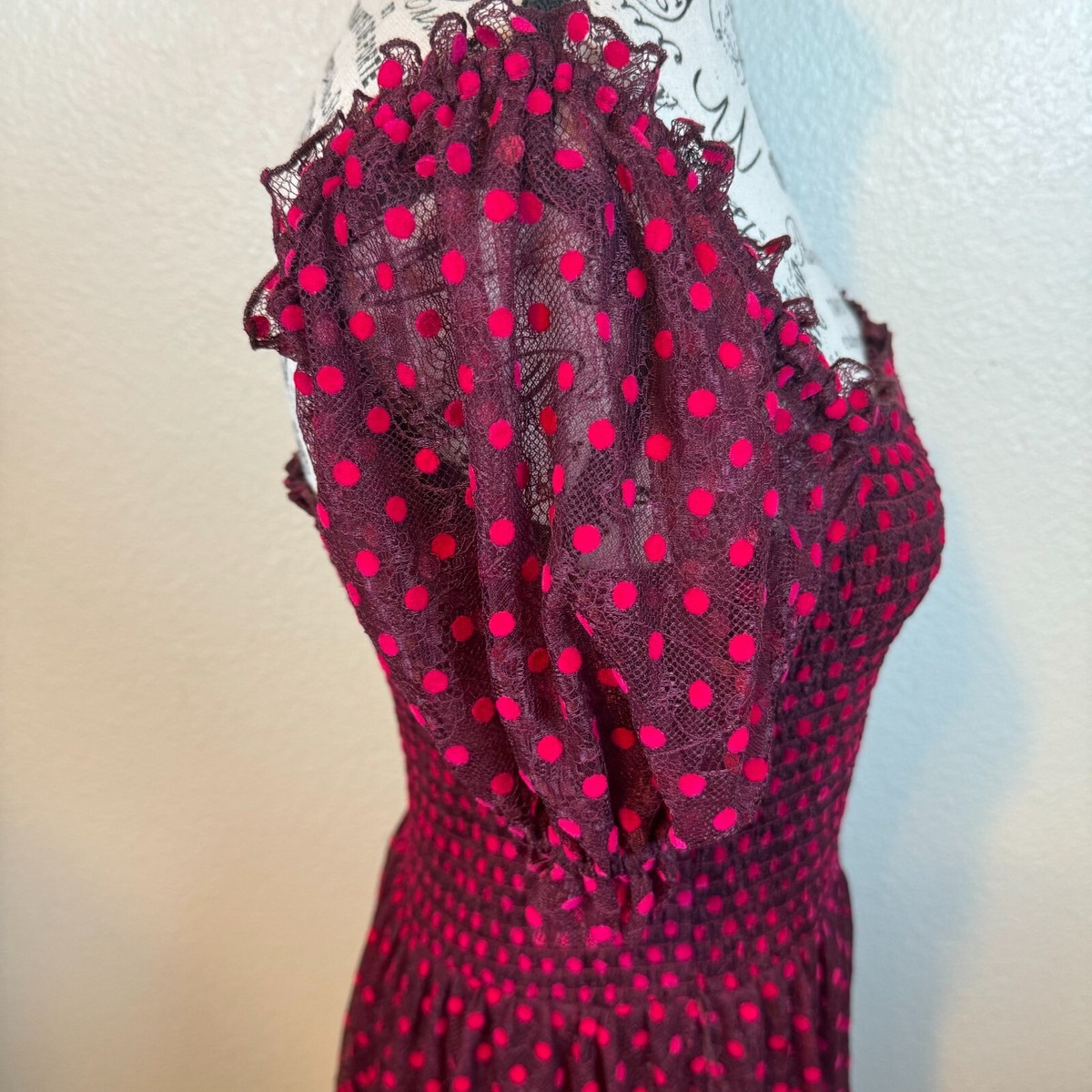 ■REBECCA VALLANCE■ポルカドット シャーリング ミディドレス Rebecca Vallance Midnight Kiss Flocked Burgundy Polka Dot