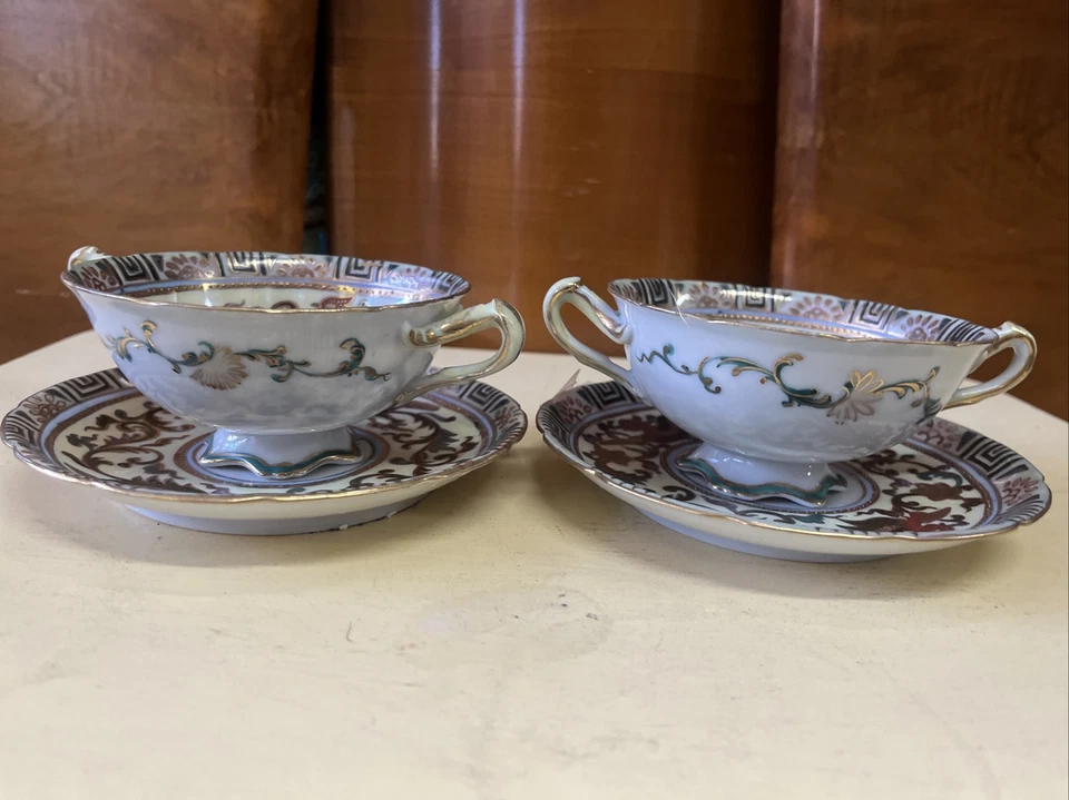 2 antiguos adornos dorados japoneses vintage con caldo de pájaro taza sopa crema y platillos Foto 3 de 4