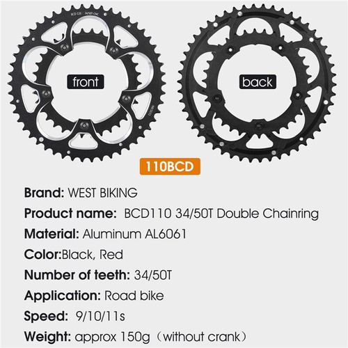WEST BIKING Rennrad Fahrrad Kettenblatt 110BCD 34T/50T Zahn Platte 8-11 Speed - Picture 12 of 12