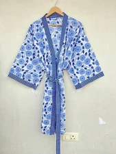 Indian Blue Floral Cotton Robe Short Kimono Sleepwear Night Suit Kimono Robe US