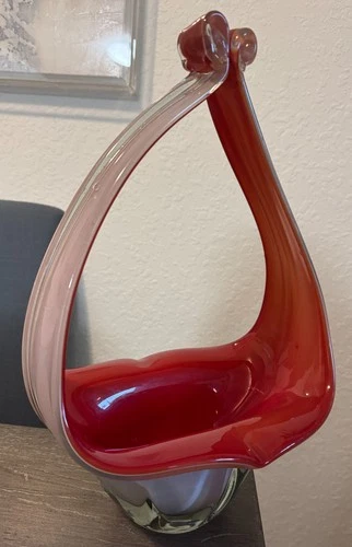 MCM Murano Sommerso Art Glass Basket  Bowl Handles Italy 16" Red white clear