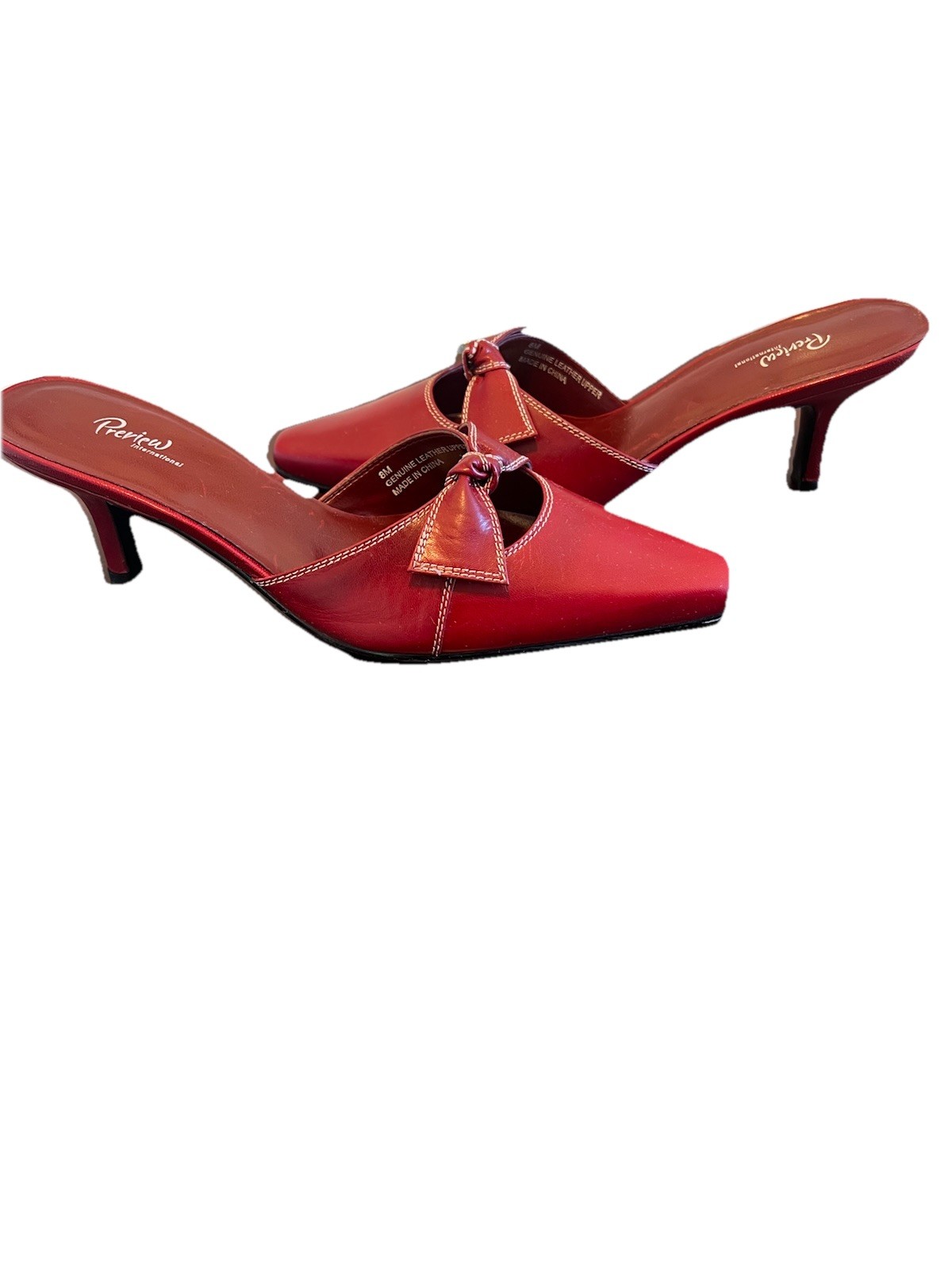Preview International Red Leather Bow Square Toe Kitten Mule Heel Sz 8M Vintage