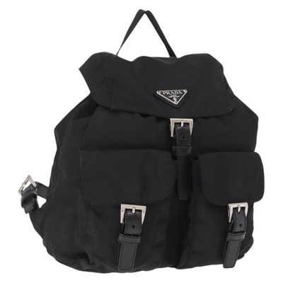 Prada Vela Double Front Pocket Rucksack Tessuto mit Saffiano Leder schwarz Nylo