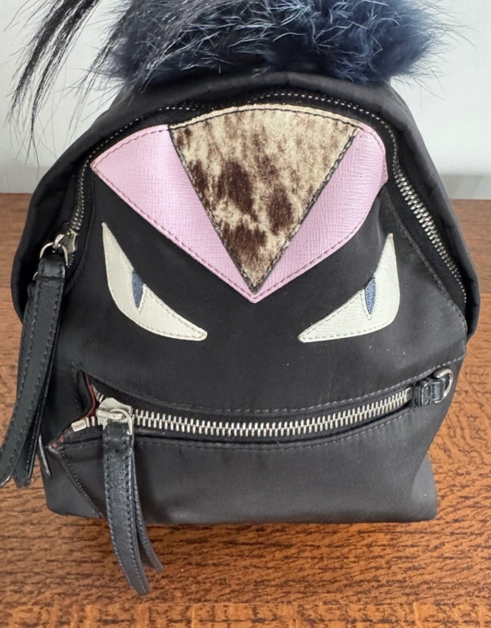 Fendi Monster Eyes Mini Backpack Black w/Fox Fur Trim Silver Hardware COA image 2