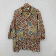 Rose + Olive Shirt Womens 1X Multicolor Button Down Blouse Boho Floral Geometric