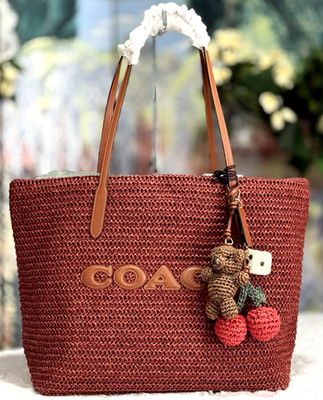 NWT COACH Large City Tote Bag with Charms CES20 In RUSSET Straw & Smooth Leather
