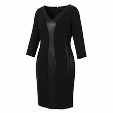 Marina Rinaldi Femme Robe EU46 Noir Laine Mélangée Col V 3/4 Manches mi-Longue