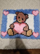 Latch Hook Rug Wall Hanging Teddy Bear With Hearts Pink Blue 20x15in