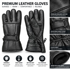 Men  s Black Genuine Leather Winter Gloves Warm Lined Adjustable Wrist Strap