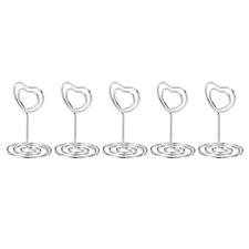 2 Inch Table Number Holder, 5 Pack Wire Card Heart Shape Clips, Silver Tone
