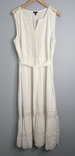 TALBOTS Women's  Pintucked Tiered Hem Eyelet Boho Gauze Cotton Dress White Sz 18
