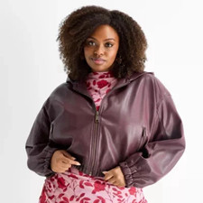 Ashley Graham Faux Leather Cropped Bomber Jacket 5X Mahogany Hooded NWT