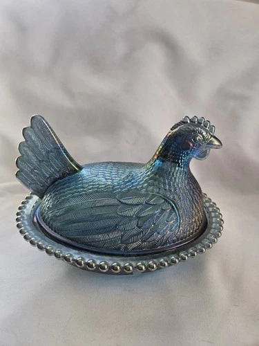 RARE Vtg Indiana Glass 7” Hen on Nest - Blue Carnival Iridescent - MINT