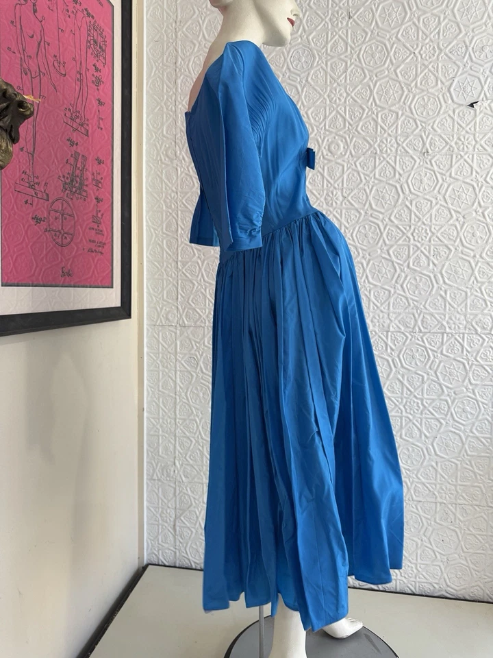 复古 20 世纪 40 年代 Tafetta 蓝色连衣裙-Rockabilly-Retro-Midi/Daydress-Dance — 第 2/4 张图片