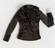 New York and Company Women's Silky Black Blouse Waist Chinch Long Sleeve Size 6