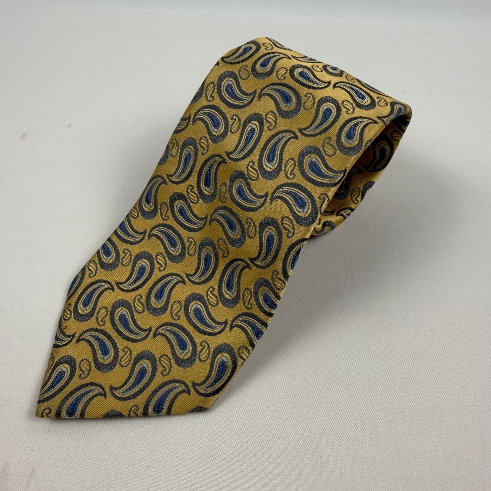 Ermenegildo Zegna Mens Silk Paisley Tie Gold Blue Grey Made in Italy Classic