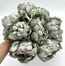 Set of 9 Faux Peony Stems Sage Green Silk Flowers Gold Edge Decor