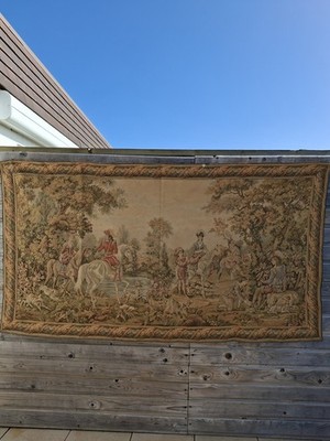 Vintage Flemish Tapestry, Aubusson Style, Hunting Scene, Jacquard Wall Hanging.