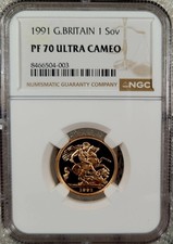 1991 Royal Mint UK Gold Proof Full Sovereign 1 Sov PF70 Ultra Cameo TOP POP