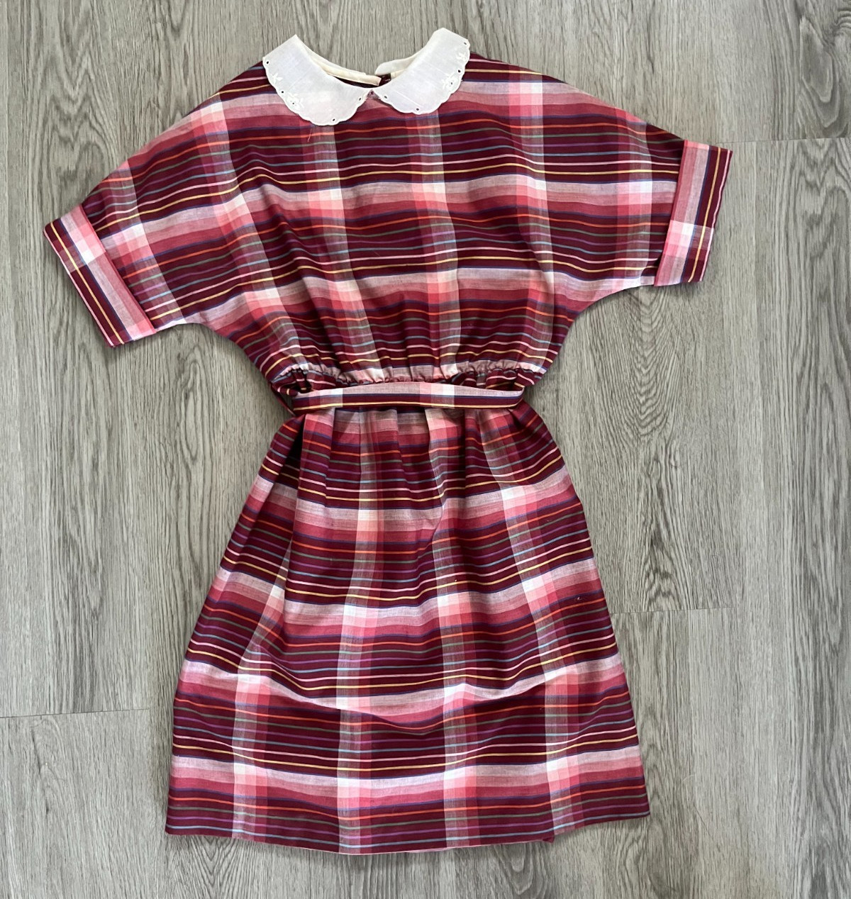 Vintage 1950/60's Maroon Plaid Mini Dress Retro Academia Size S Peter Pan Collar