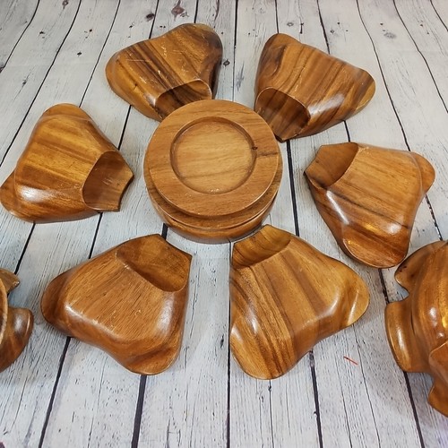 Mid Century Lotus Flower Lazy Susan Monkey Pod Wood Charcuterie Chip Dip Server - Picture 9 of 19