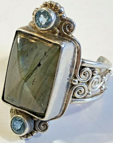 SAJEN Sterling Silver Faceted Green Gemstone Adjustable RING Size 10