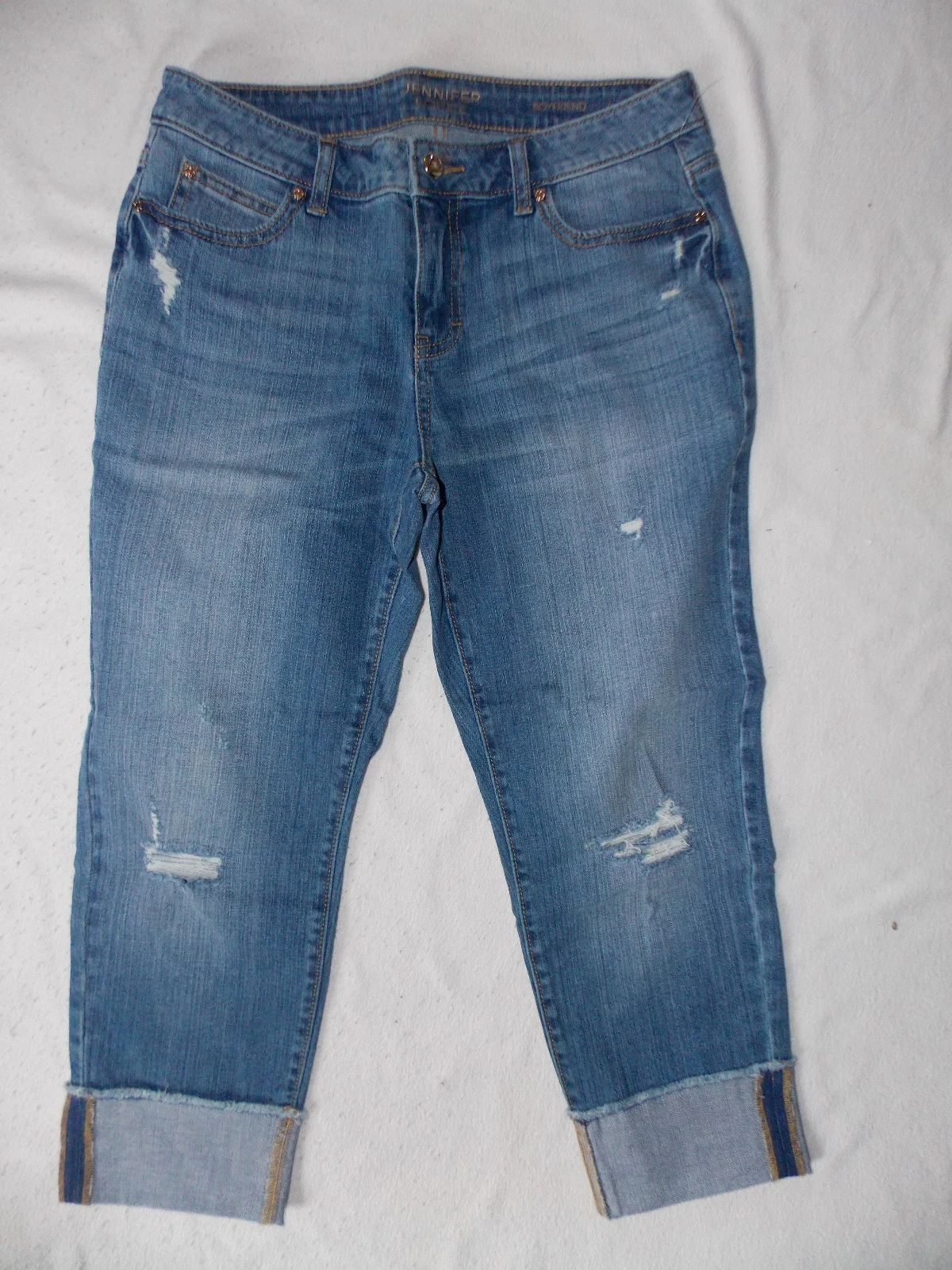 Jennifer Lopez Frayed Wide Roll-Cuff Distress Boyfriend Capri Med. Blue Jeans 6