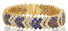 WIDE 24.41CT DIAMOND & AAA SAPPHIRE 18KT YELLOW GOLD MULTI ROW V SHAPE BRACELET